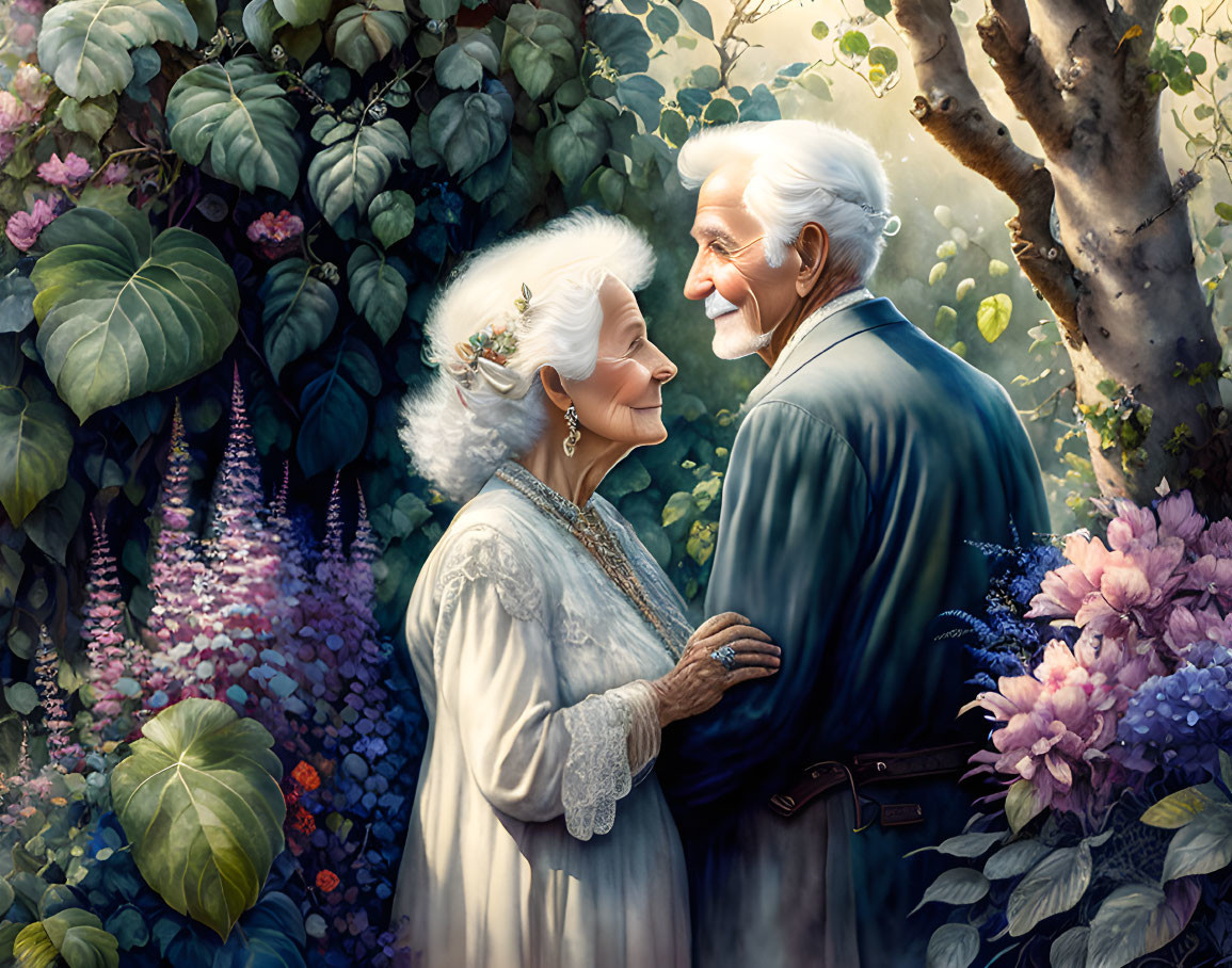 Elderly couple in lush garden with vibrant flowers