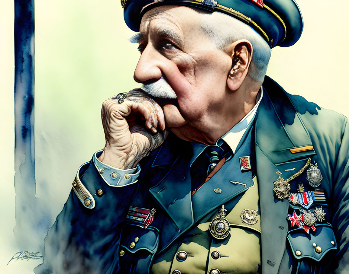 Elderly Military Man with Mustache and Medals Resting Chin on Hand