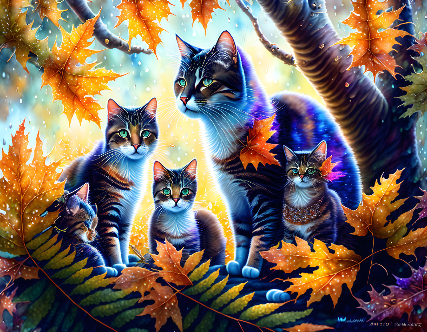 Digital Art: Five Cats with Mesmerizing Eyes in Autumn Scene