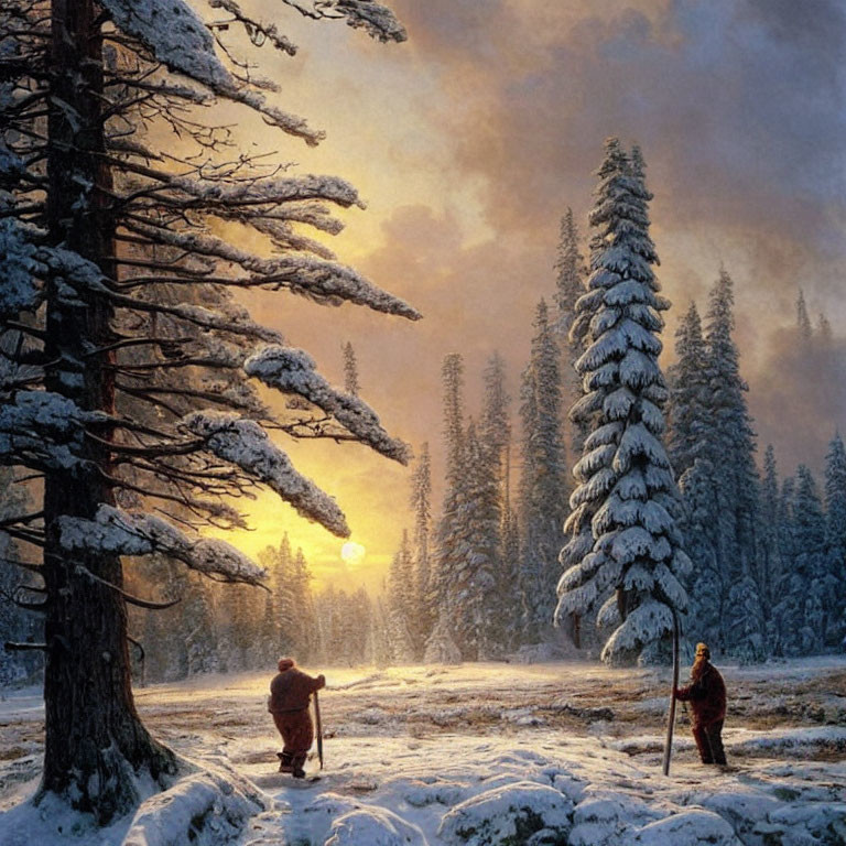 Snow-covered trees at sunset with two figures in golden light