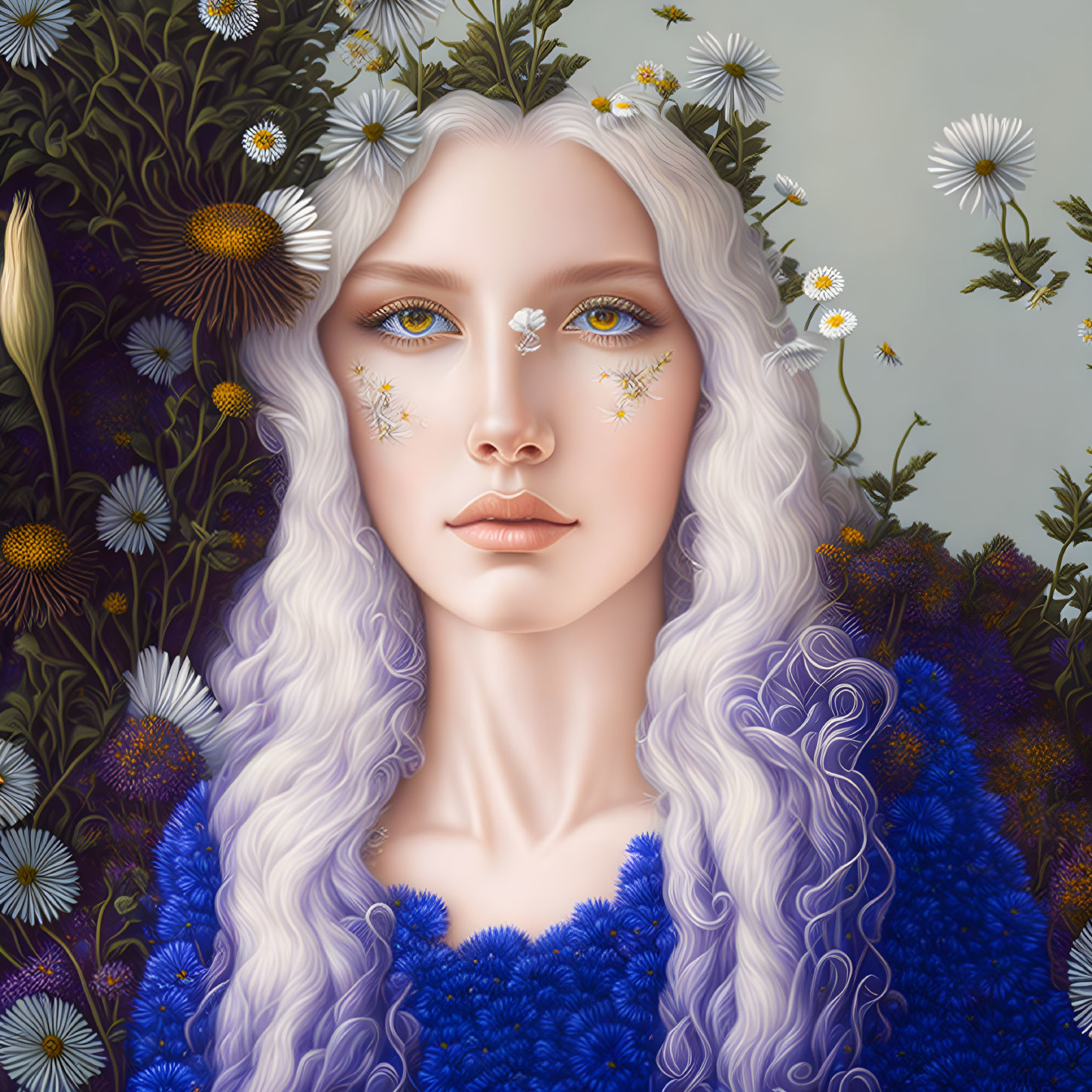 Pale-skinned woman with white hair and blue eyes, adorned with flowers, in a lush green and