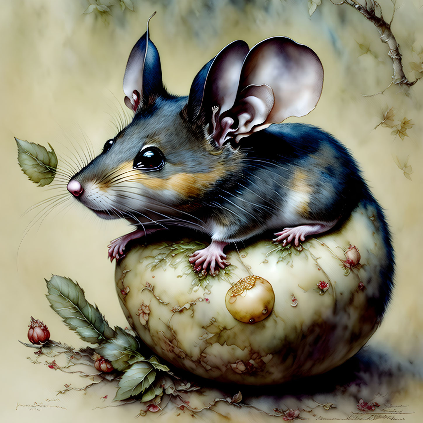 Colorful Mouse Illustration with Translucent Ears on Yellow Apple