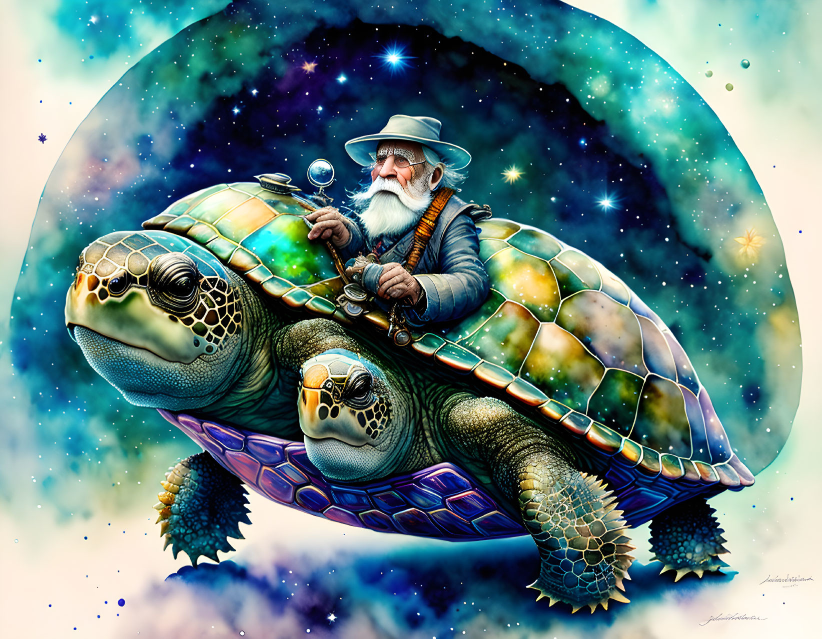 An old man driving turtle in space with handle, by