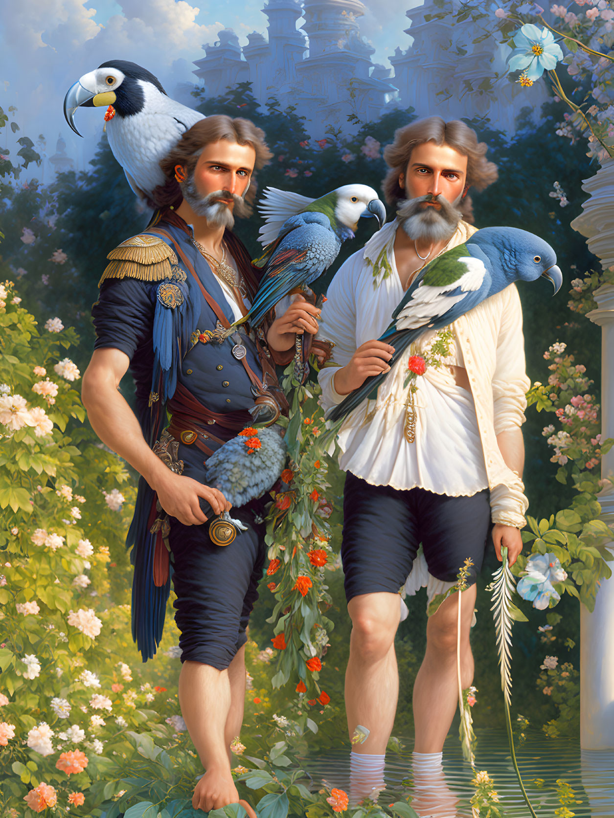 Illustration of twin bearded men in historical attire with parrots in whimsical forest