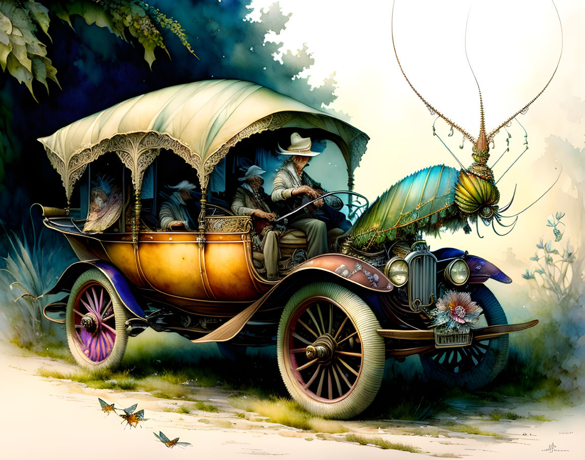 Illustration of vintage carriage-style car with character, pulled by mechanical insect, surrounded by ethereal foliage