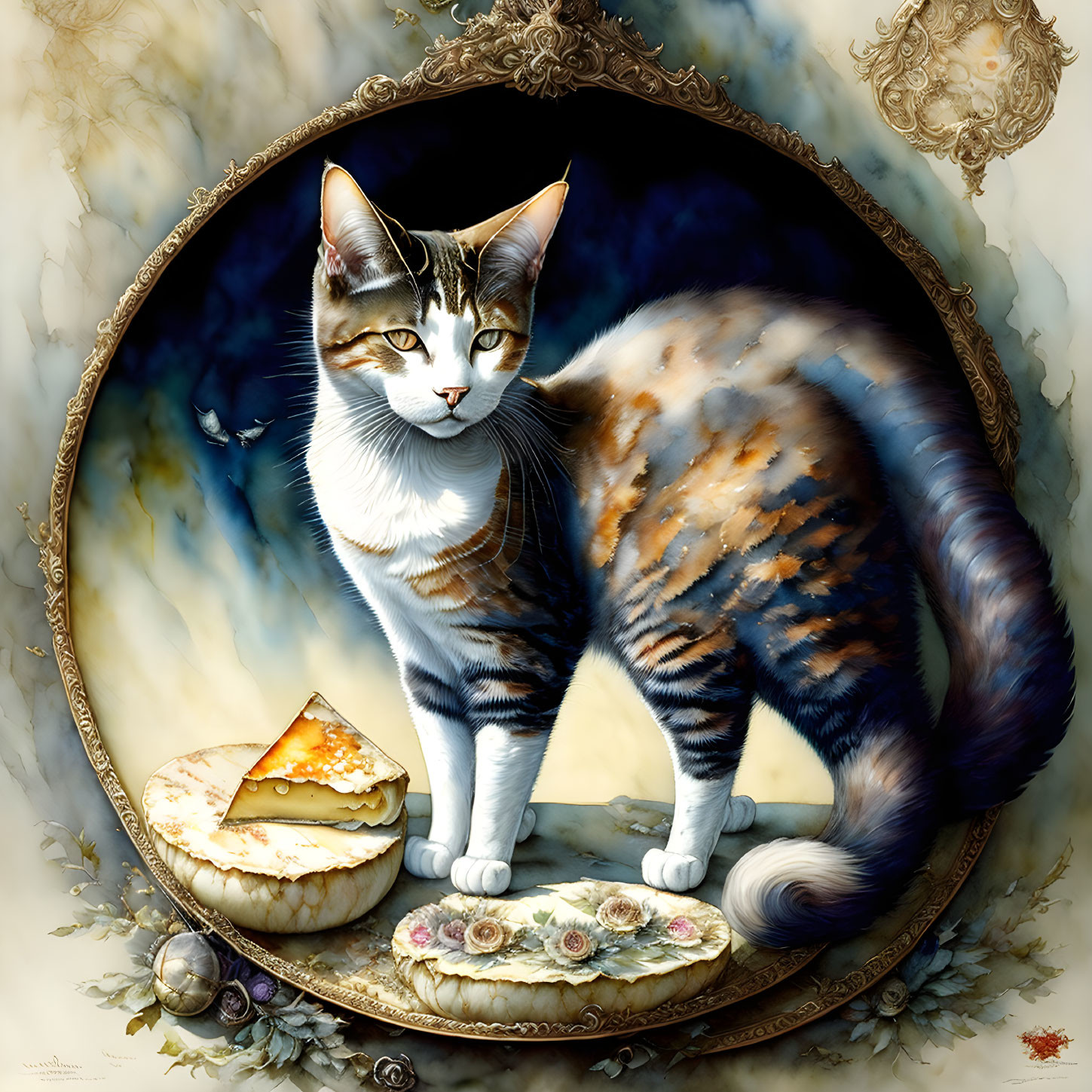 Detailed cat illustration with intricate patterns beside cheese on vintage plate in ornate circular frame