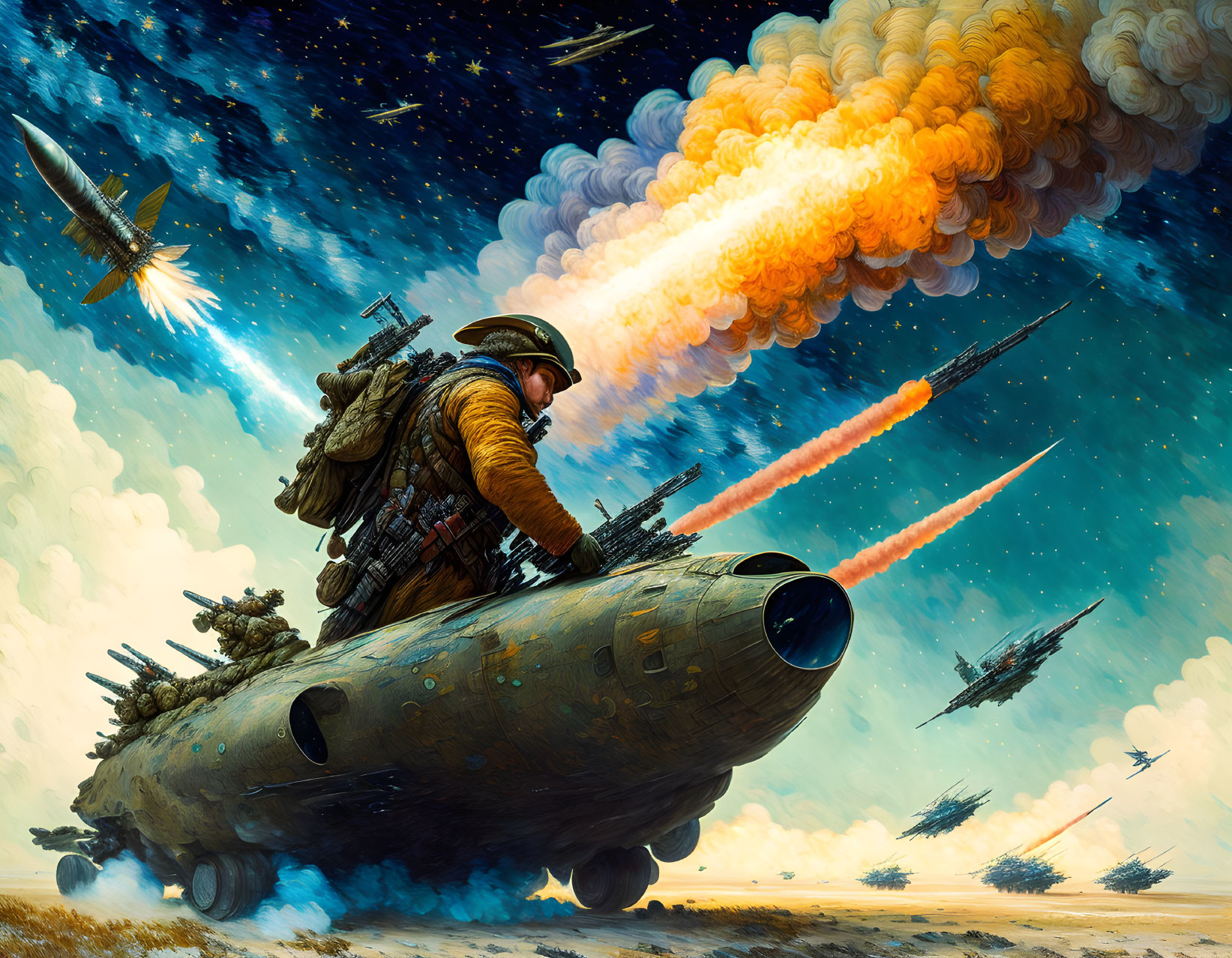 Soldier with backpack on futuristic battlefield with jets and explosions.