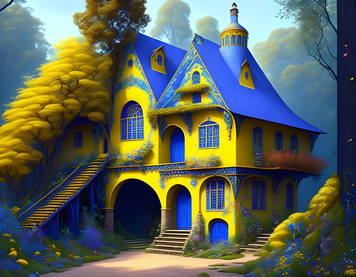 Colorful digital illustration: Whimsical blue and yellow fantasy house in lush forest.