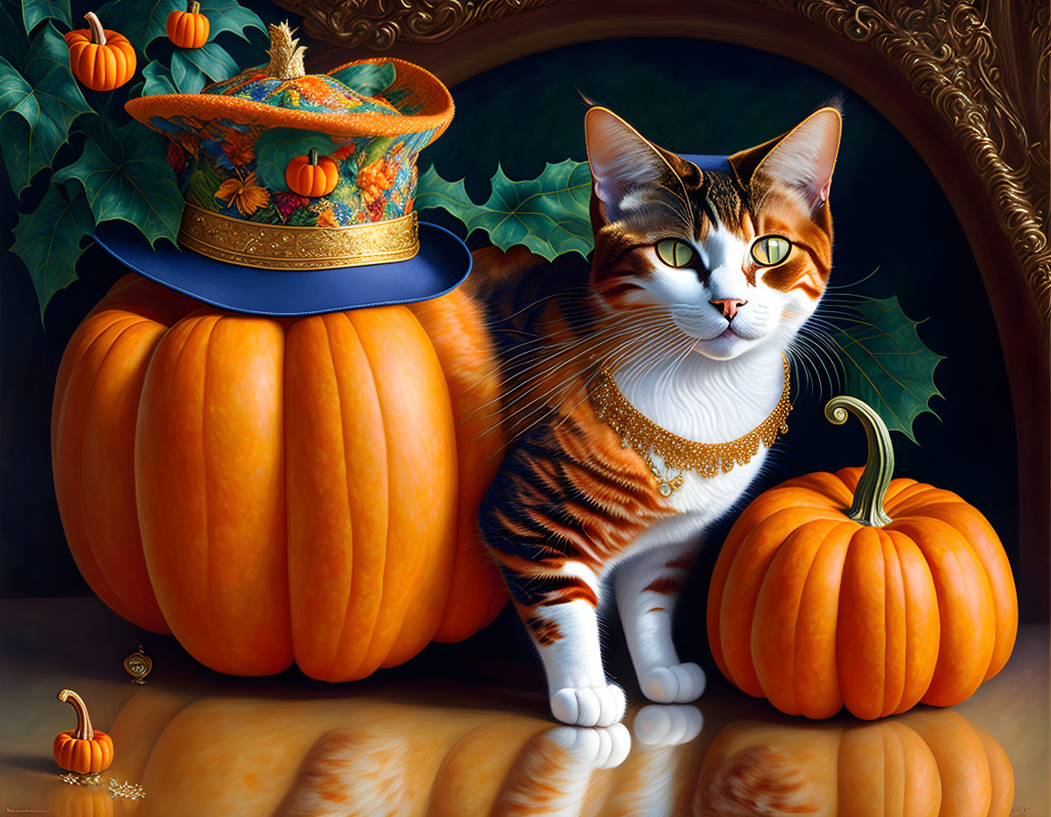 Calico Cat with Pumpkins and Hat in Ornate Foliage Frame
