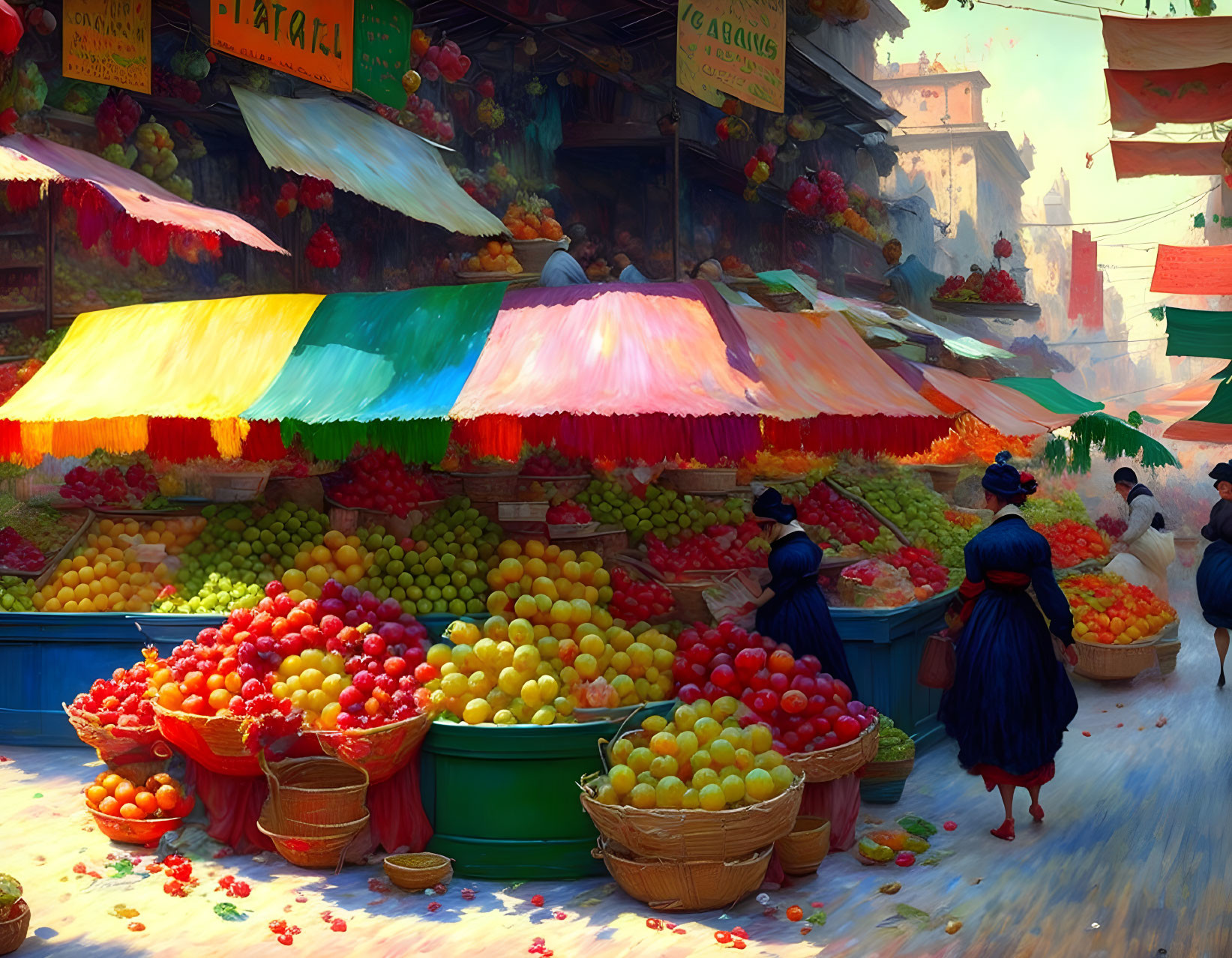 Colorful Fruit Stalls and Traditional Attire in Vibrant Market Scene