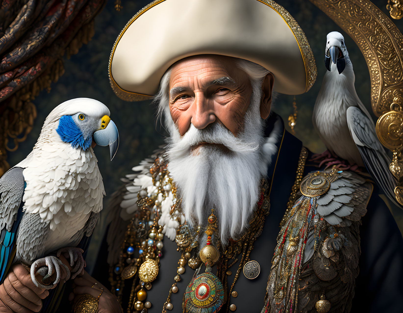 Elderly man in pirate attire with white beard and parrots in regal theme