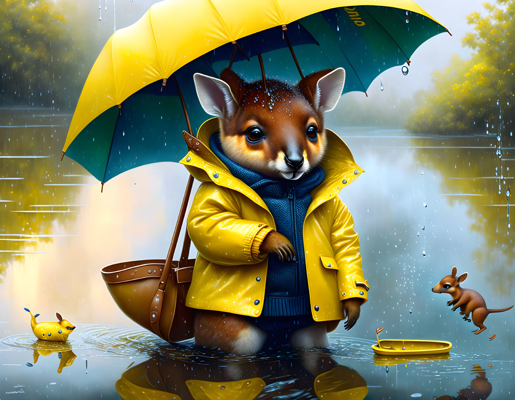 Illustration of kangaroo in yellow raincoat with umbrella and jumping kangaroo in puddle