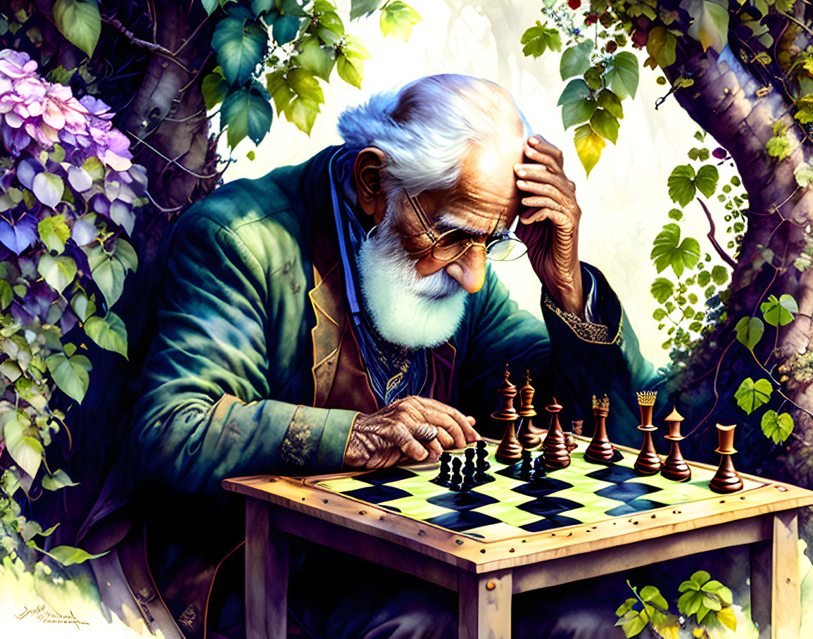 Elderly man with white hair and beard playing chess in nature