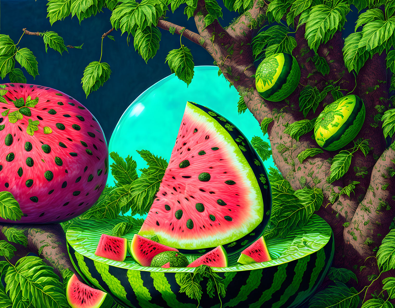 Surreal illustration with oversized watermelon slices, smaller melons, and shiny blue sphere among green