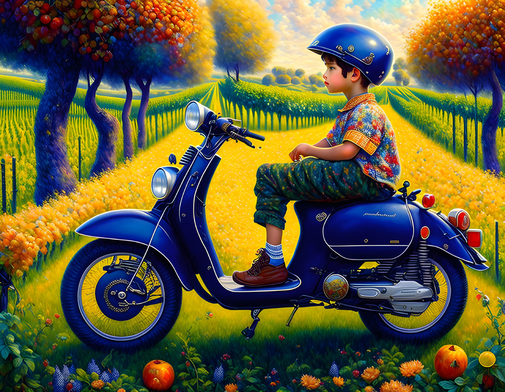 Child on Blue Scooter in Vibrant Orchard