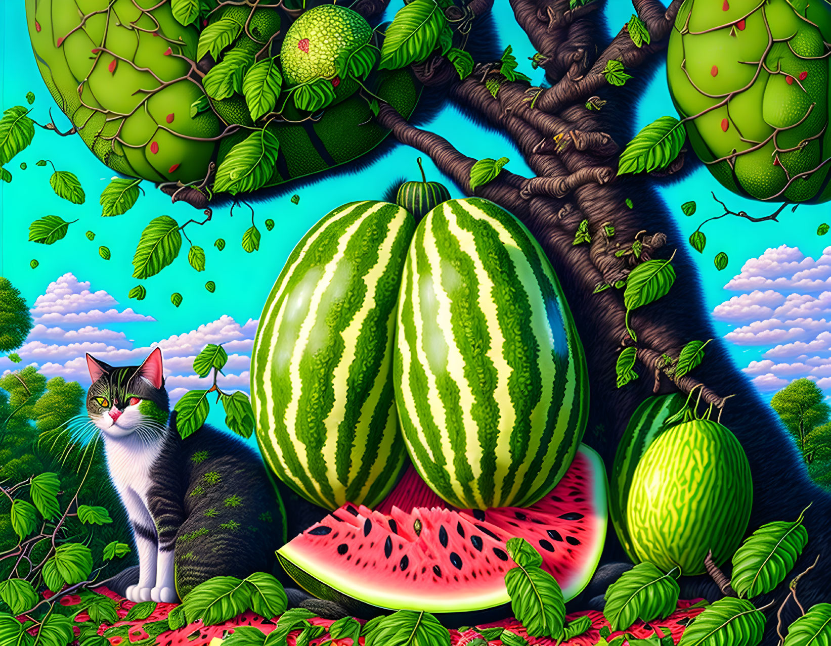 Cat with watermelons and apples under tree on sunny day