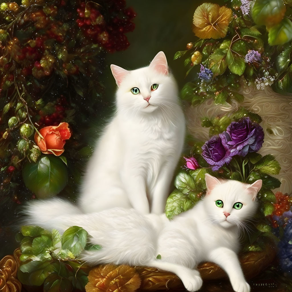 Fluffy white cats with green eyes in vibrant flower garden