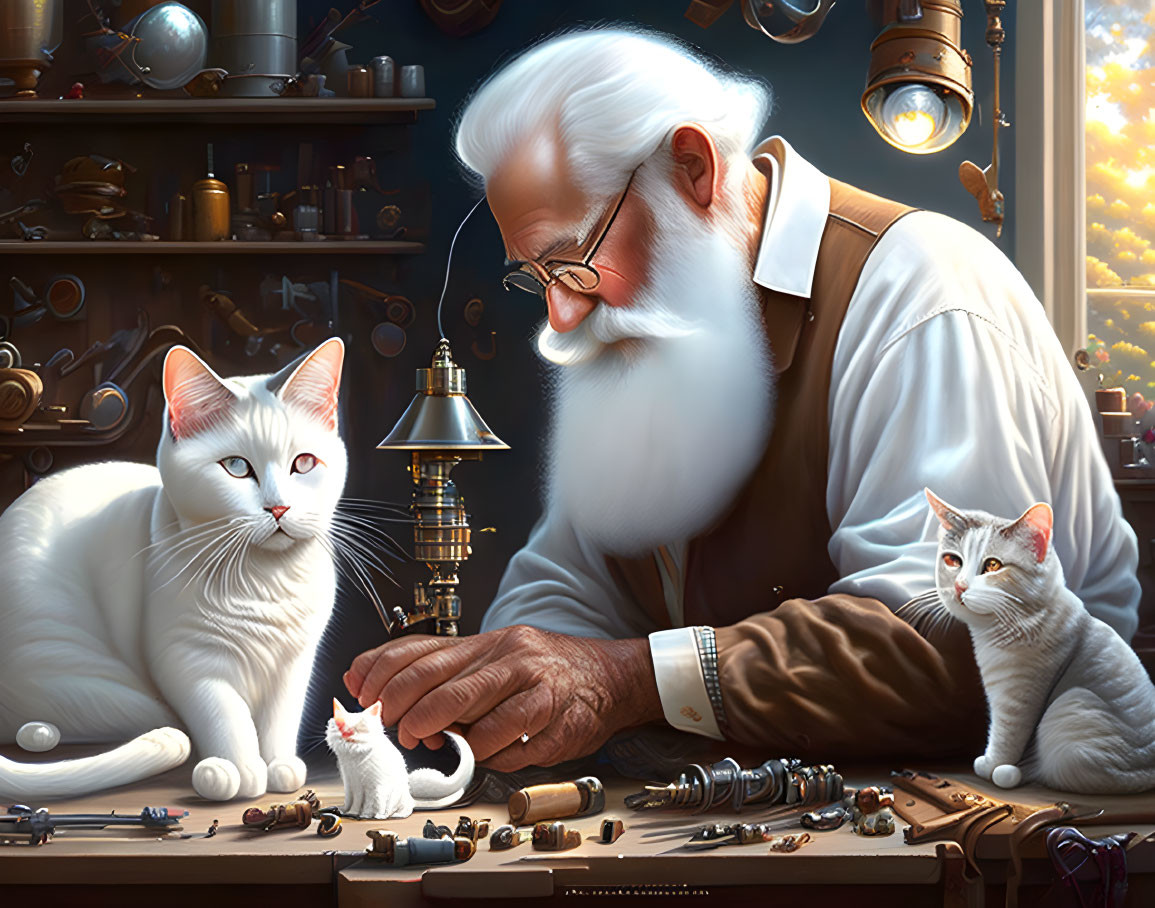 Elderly man with white beard working on mechanical object with two white cats