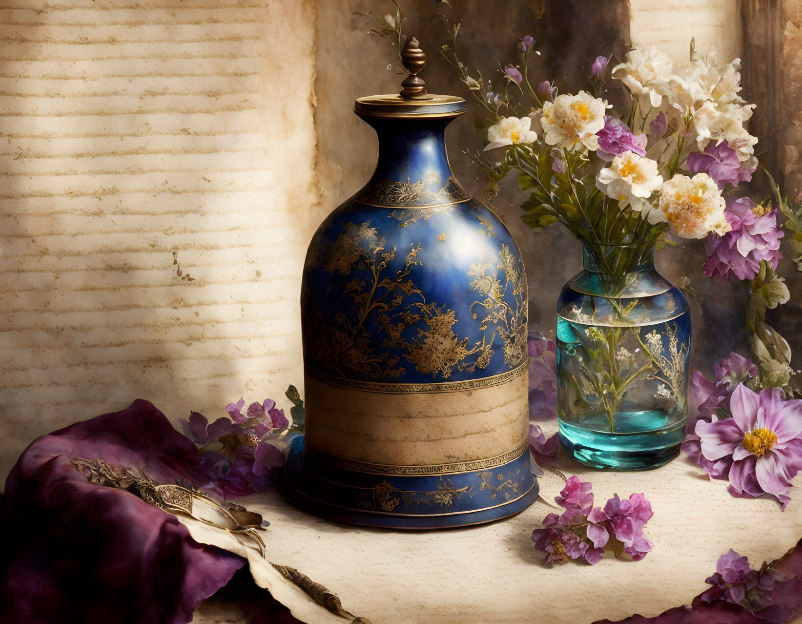 Vintage blue and gold vase with blooming flowers, glass container, book, and purple cloth.