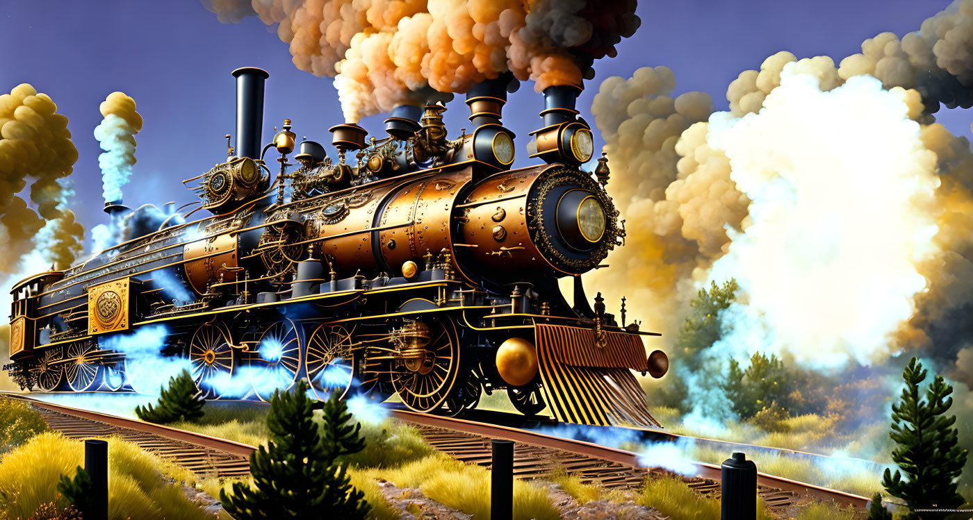 Colorful steam locomotive illustration traveling through scenic landscape