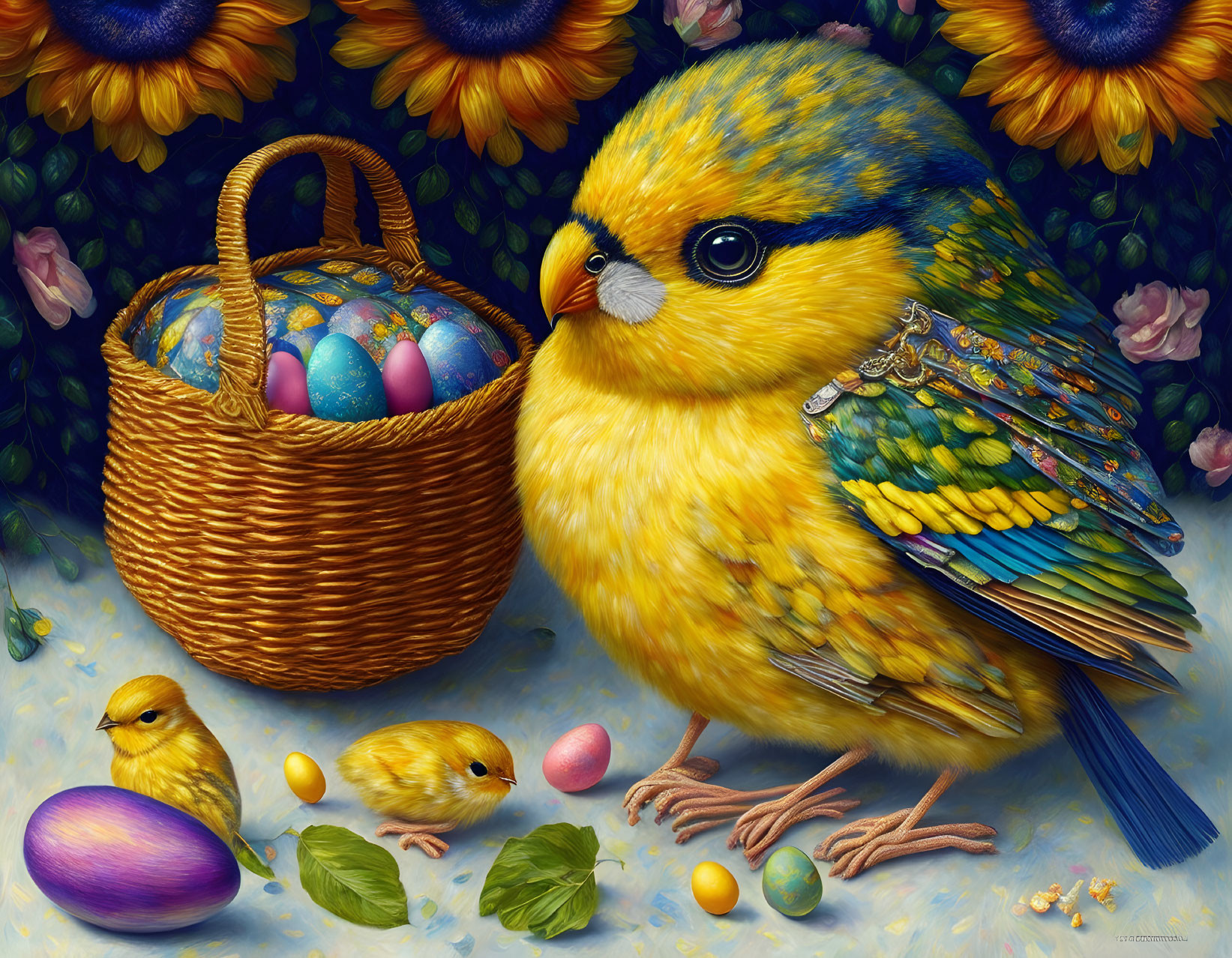 Detailed painting of yellow and blue chicks with colorful eggs and sunflowers