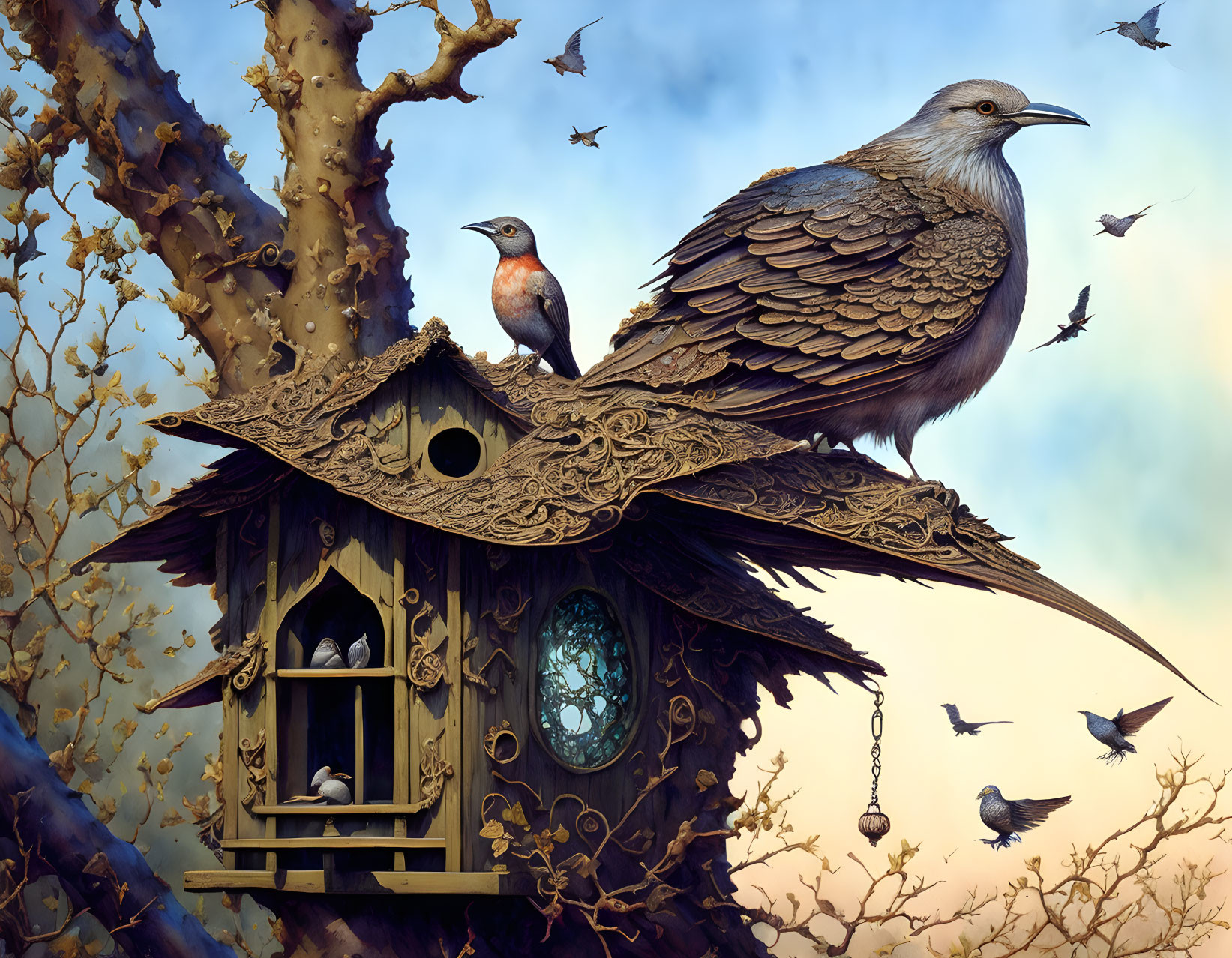 Detailed illustration of large bird on ornate birdhouse with flying birds, tree, and cloudy sky