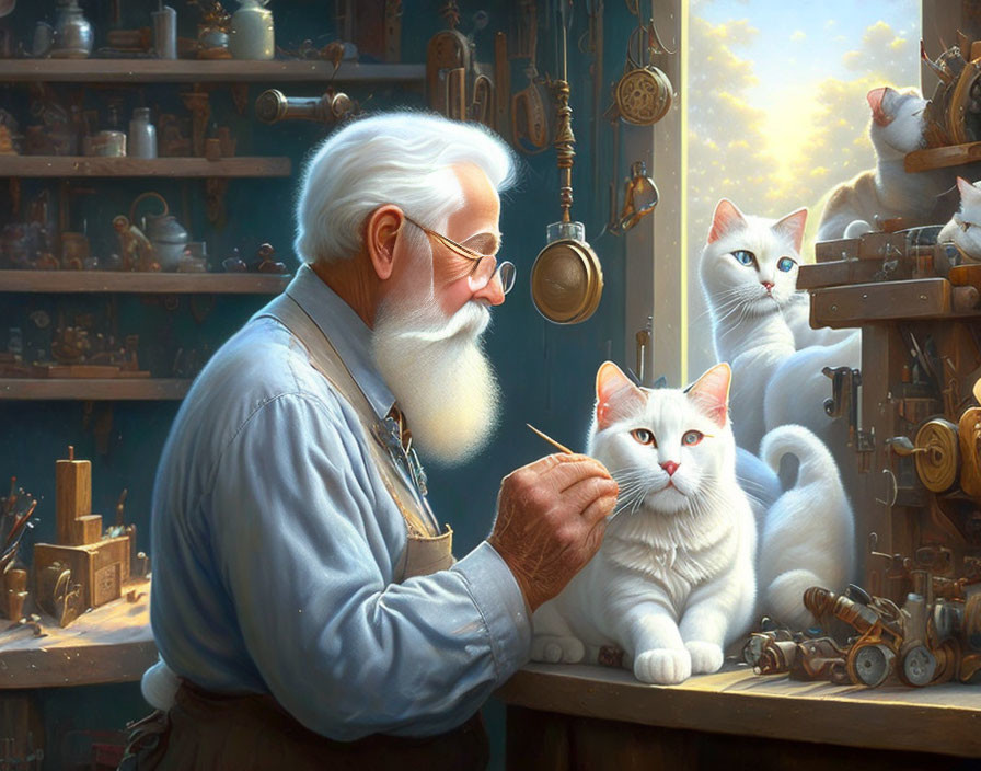 Elderly man with white beard crafting in workshop with white cats