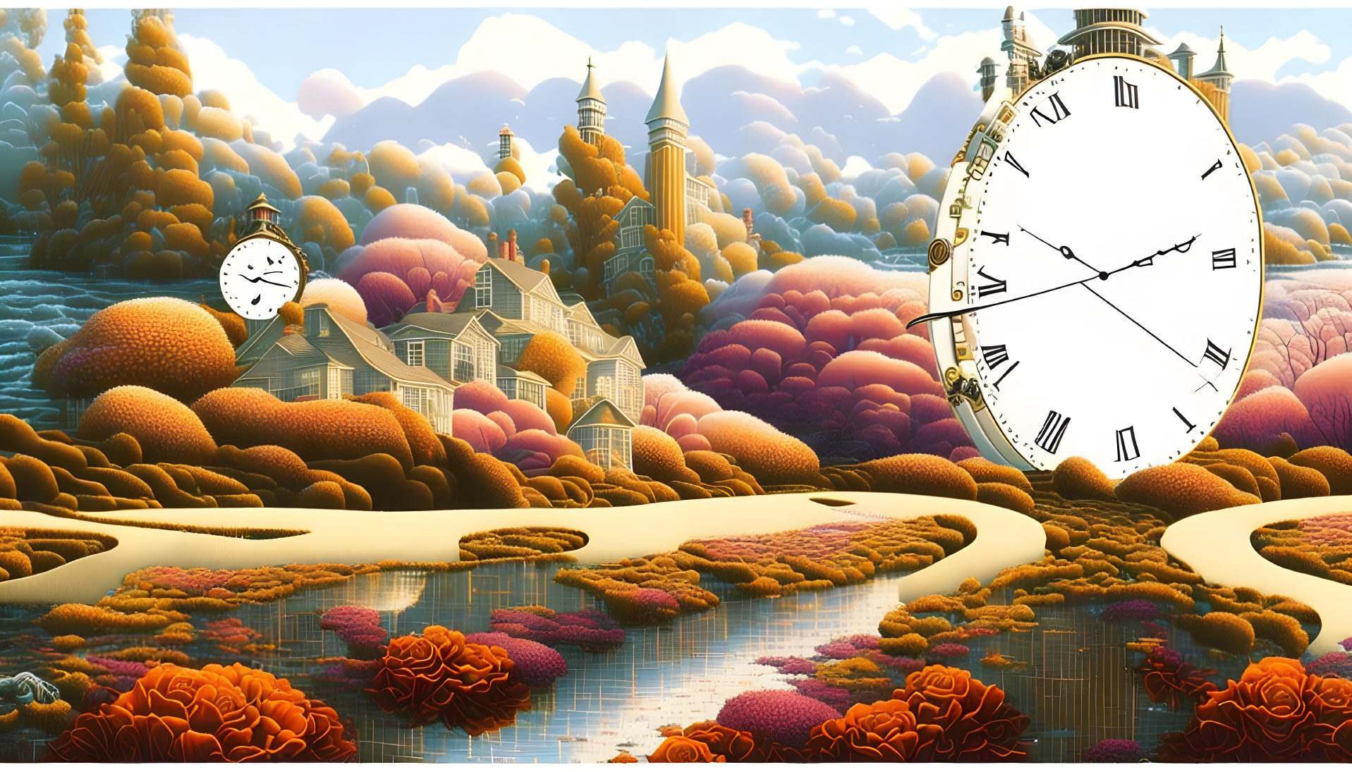 Surreal landscape with clock house, winding rivers, colorful foliage, and fantasy architecture