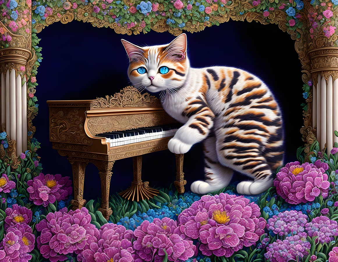 Tabby cat with blue eyes playing grand piano in floral setting