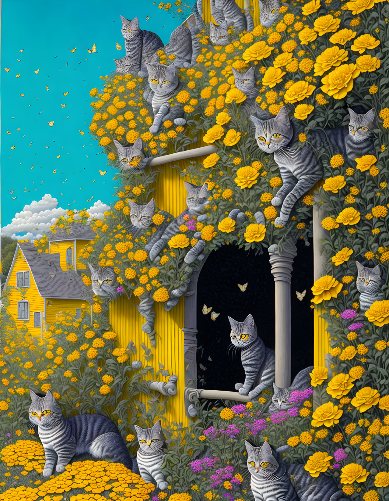 Multiple grey tabby cats in vibrant yellow flower background with classical house & blue sky