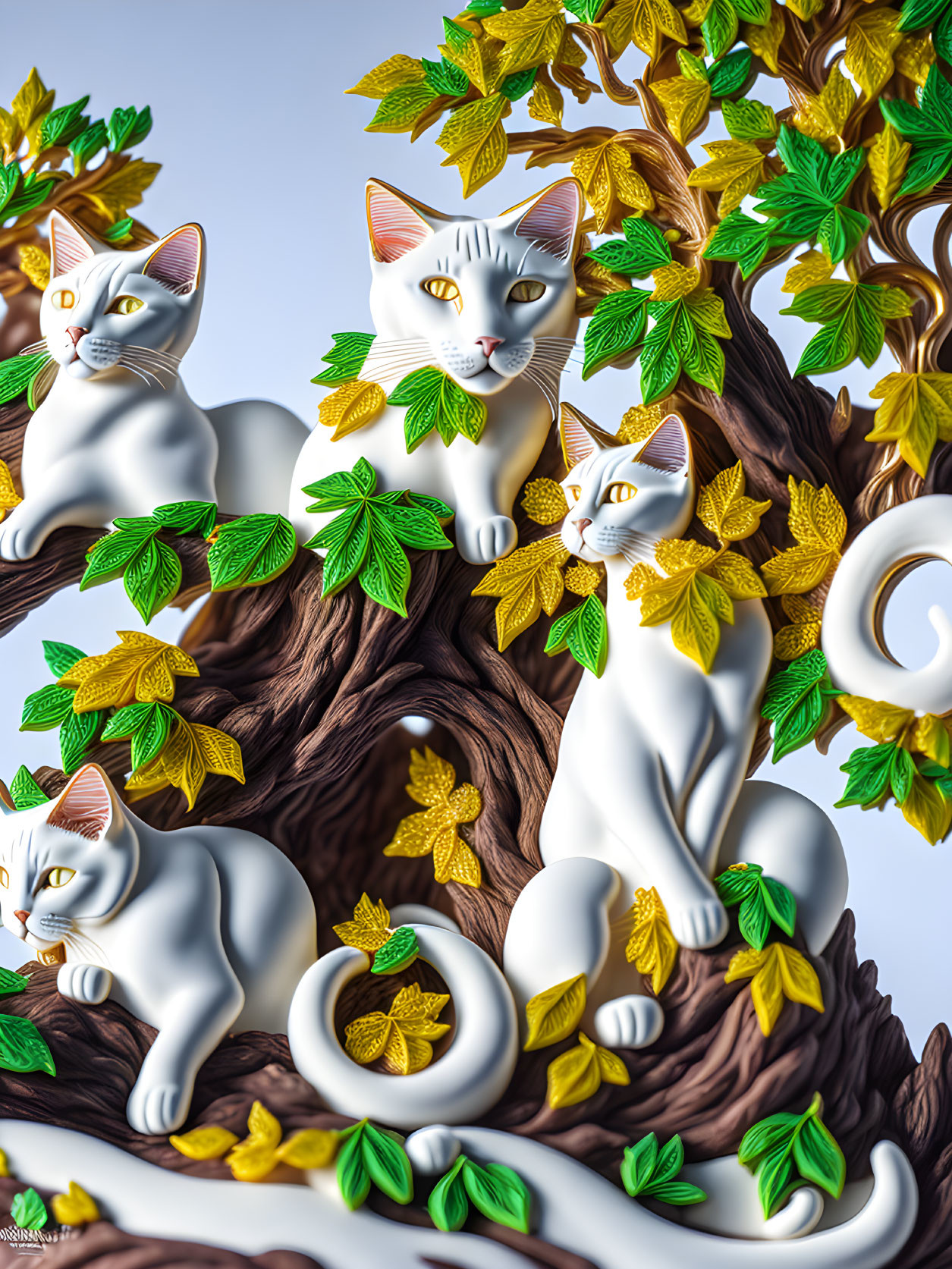 Four White Cats with Golden and Green Leaf Patterns Around Stylized Tree