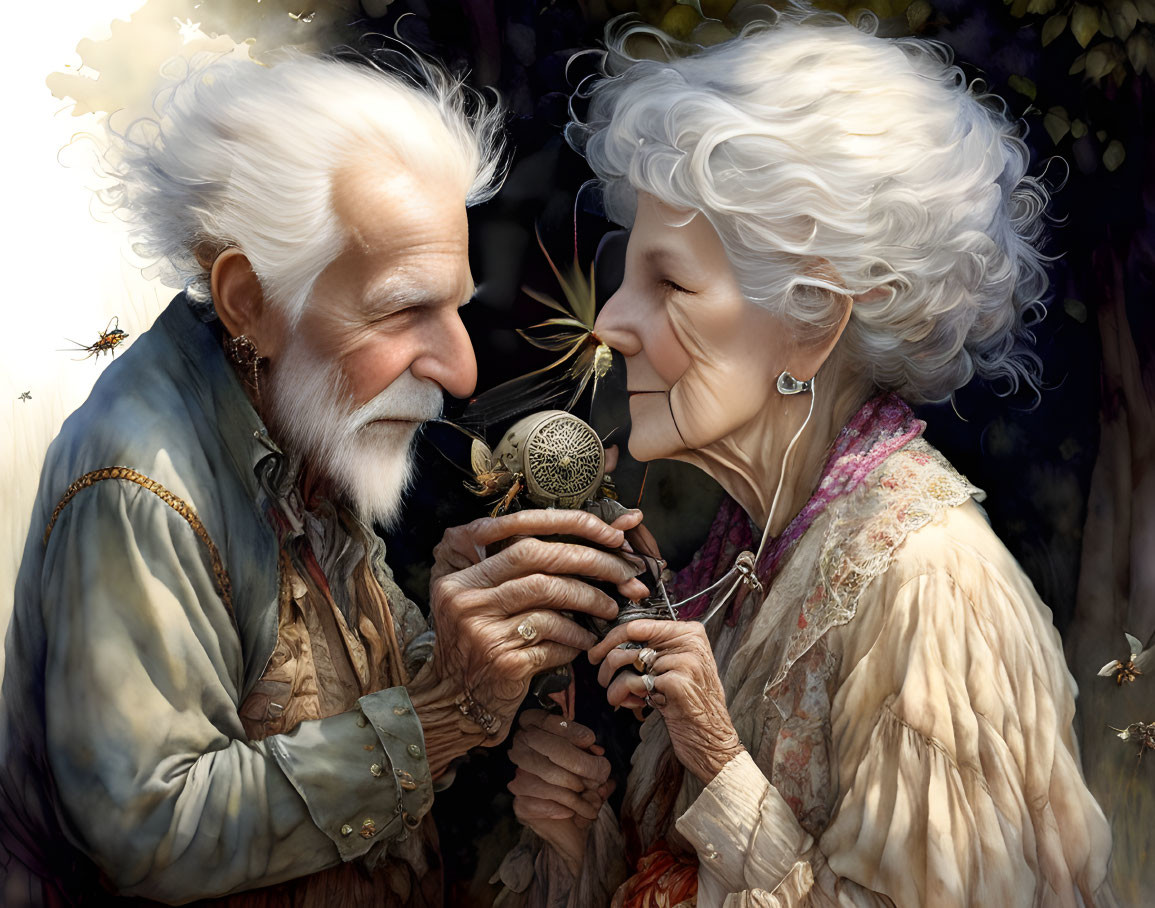 Elderly couple holding thistle in serene floral setting