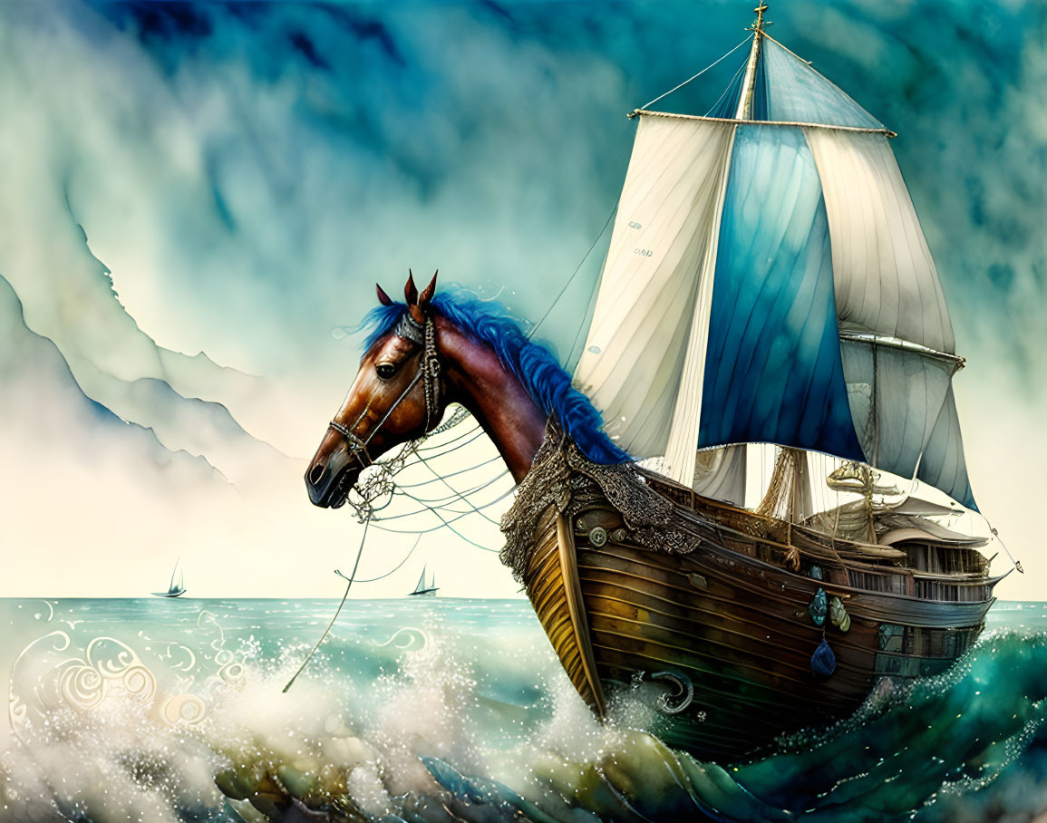 Fantastical sailing ship with horse head prow on wavy seas under dramatic sky.