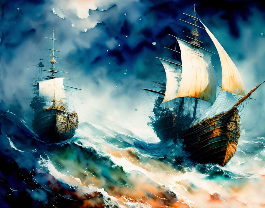 Majestic sailing ships in turbulent blue sea with stormy sky