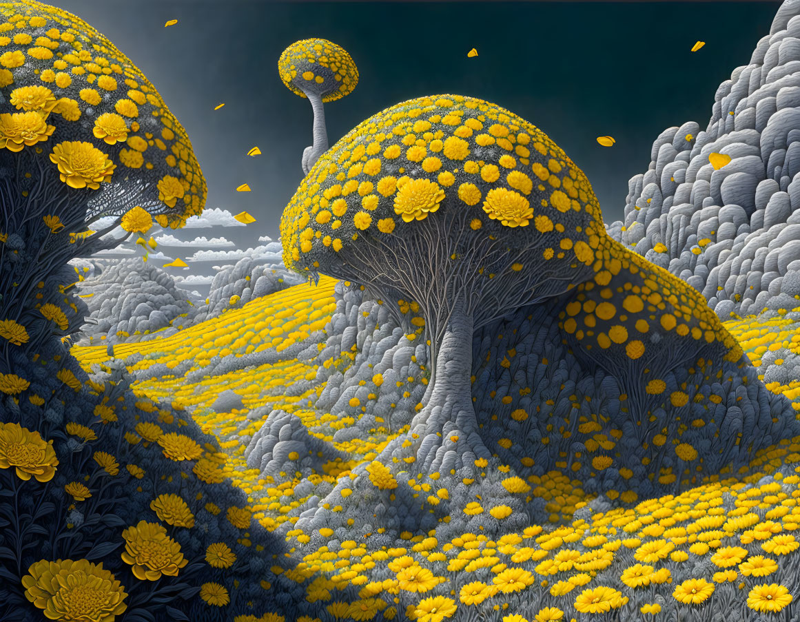 Unique landscape with mushroom-shaped trees and yellow flowers under stormy sky