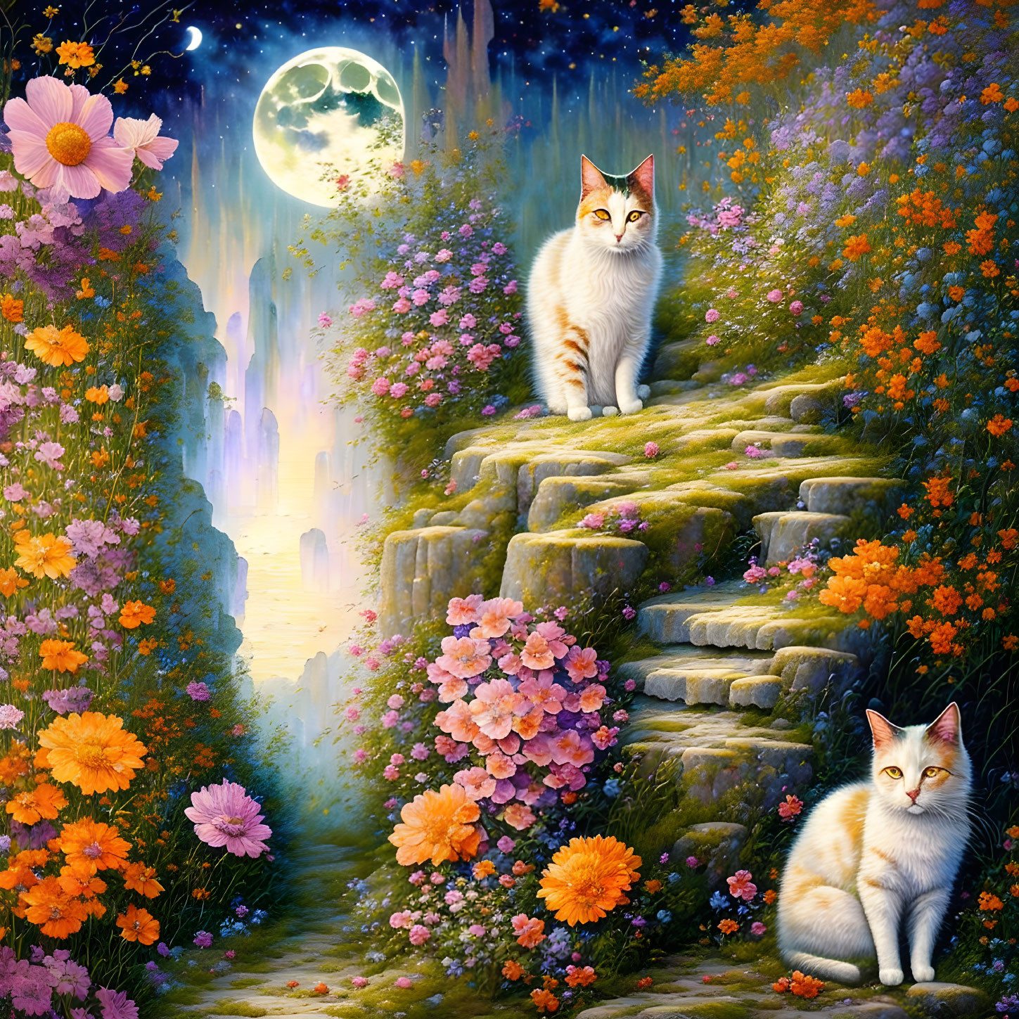 Cats on stone steps in floral landscape with moon and waterfalls