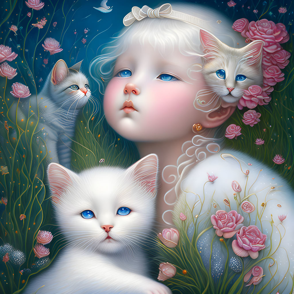 Illustration of child with blue eyes and kittens in floral setting