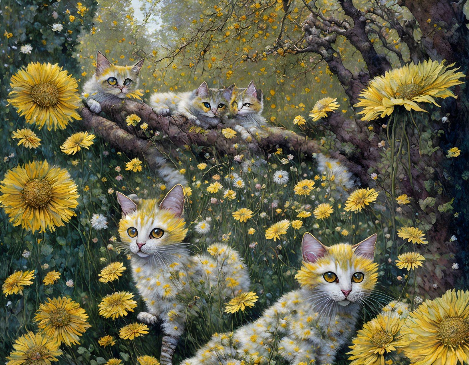 Four kittens blend in with yellow daisies and tree in painting