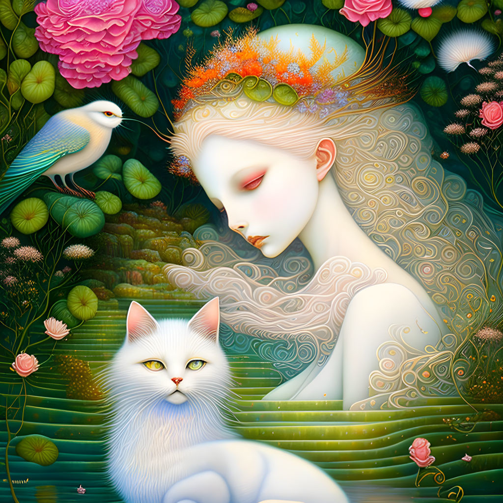 Illustration of woman with floral crown, white cat, and blue bird in nature.