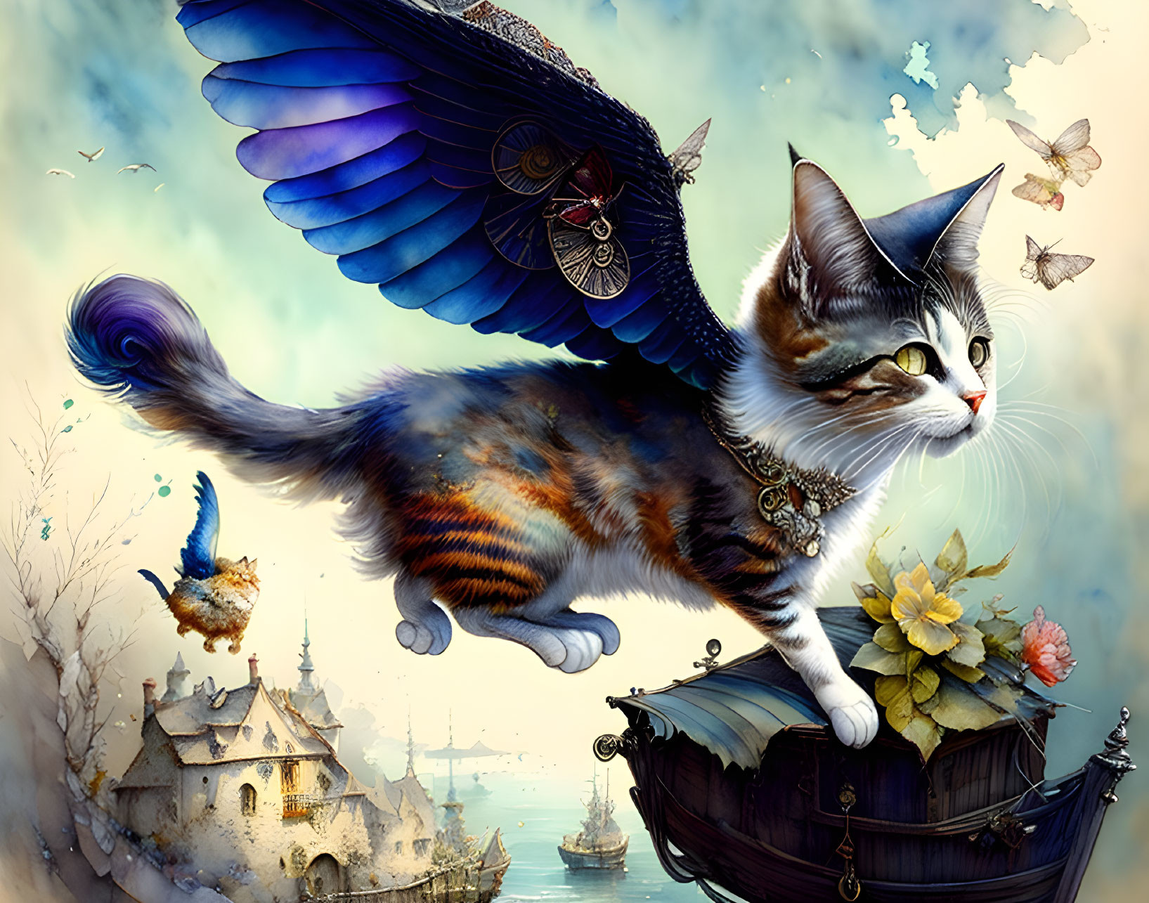 Illustration of winged cat with feathered wing above mystical seascape