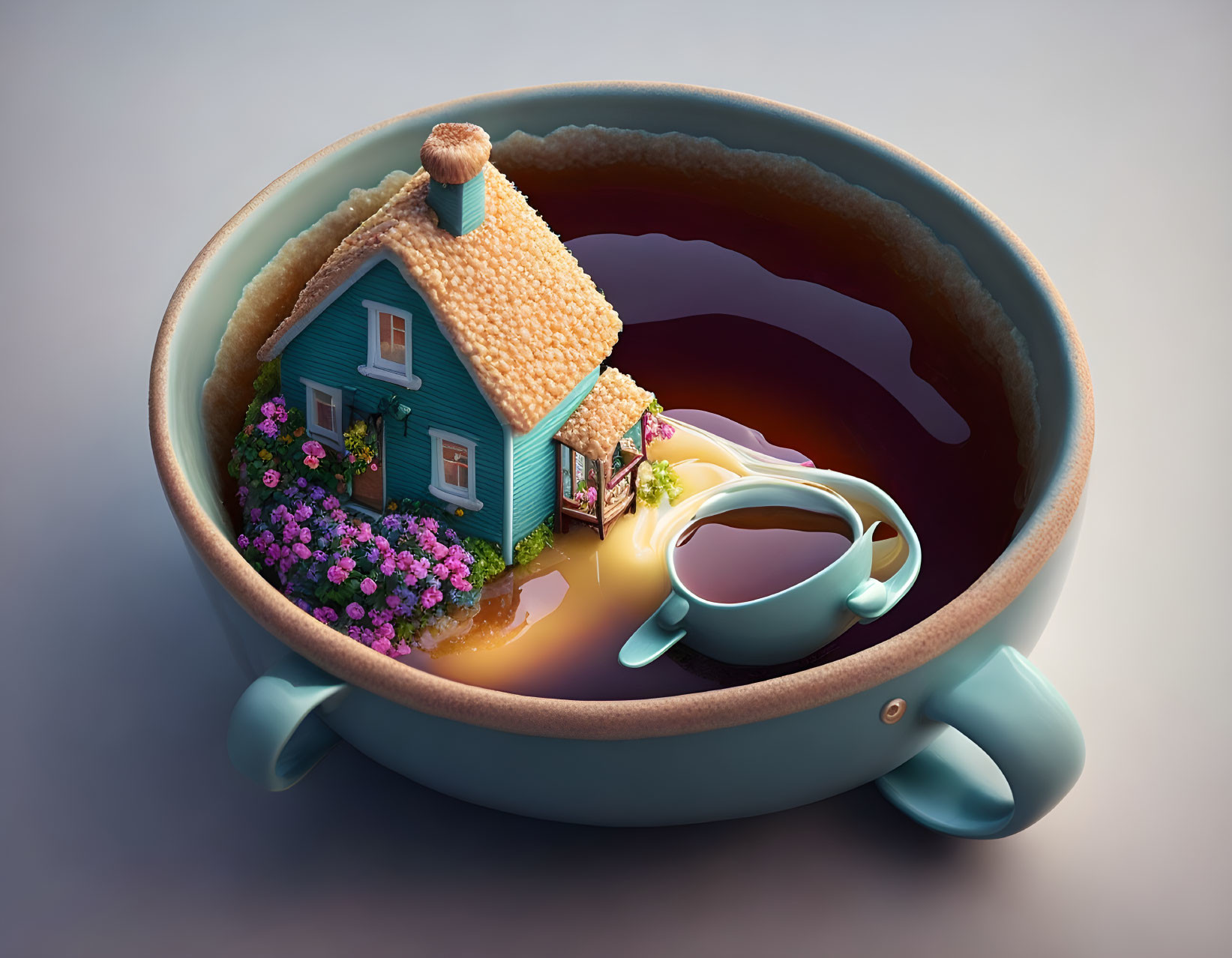 Whimsical illustration of cozy blue house on coffee island