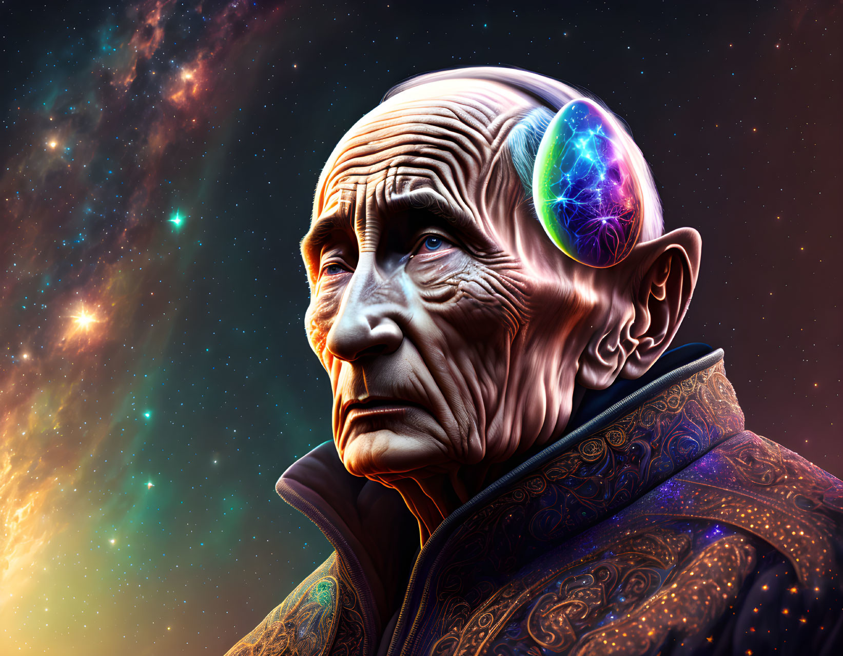 Elderly person with brain illustration in cosmic setting.