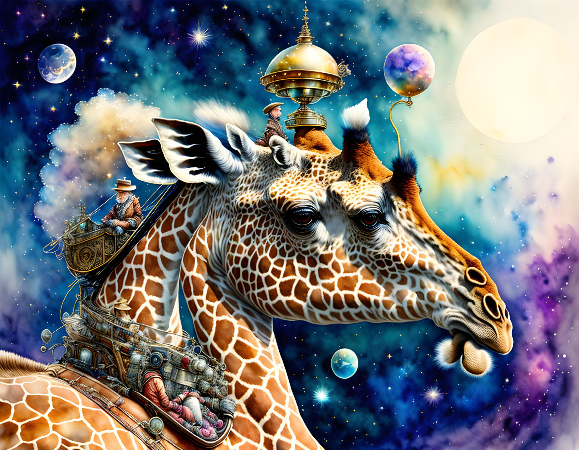 An old man driving giraffe in space with handle, b