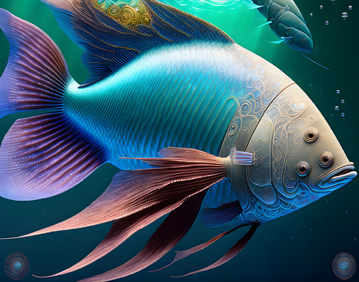 Colorful Stylized Fish Artwork in Teal Underwater Scene