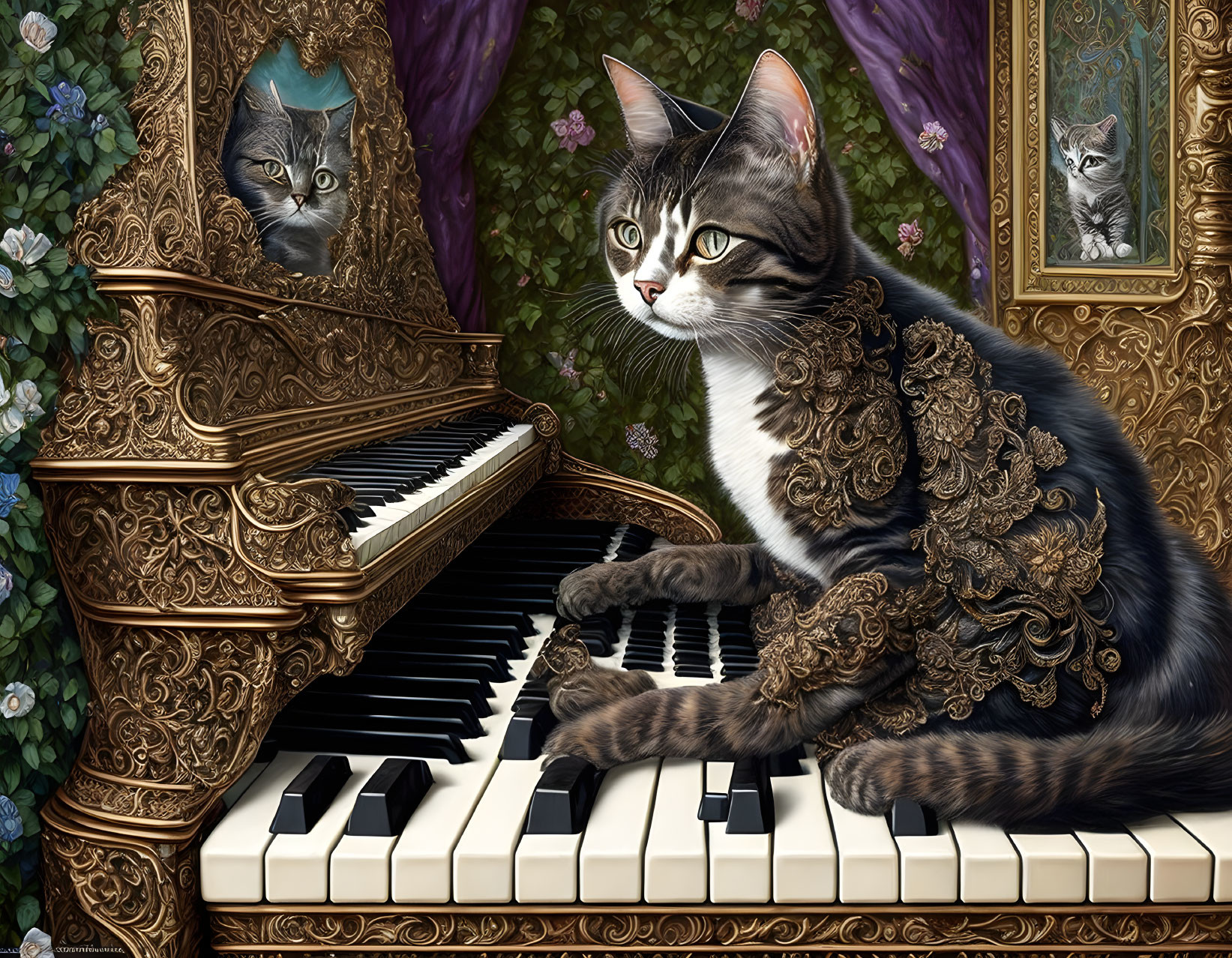 Elaborately dressed cat playing piano in ornate setting