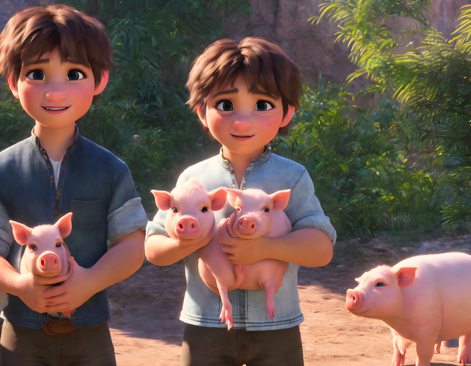 Two boys smiling, holding three piglets in sunny outdoor scene