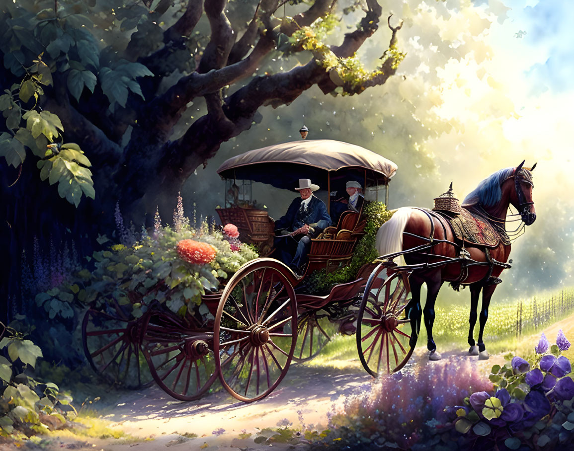 Two people in a horse-drawn carriage on a sunny path with trees and flowers.