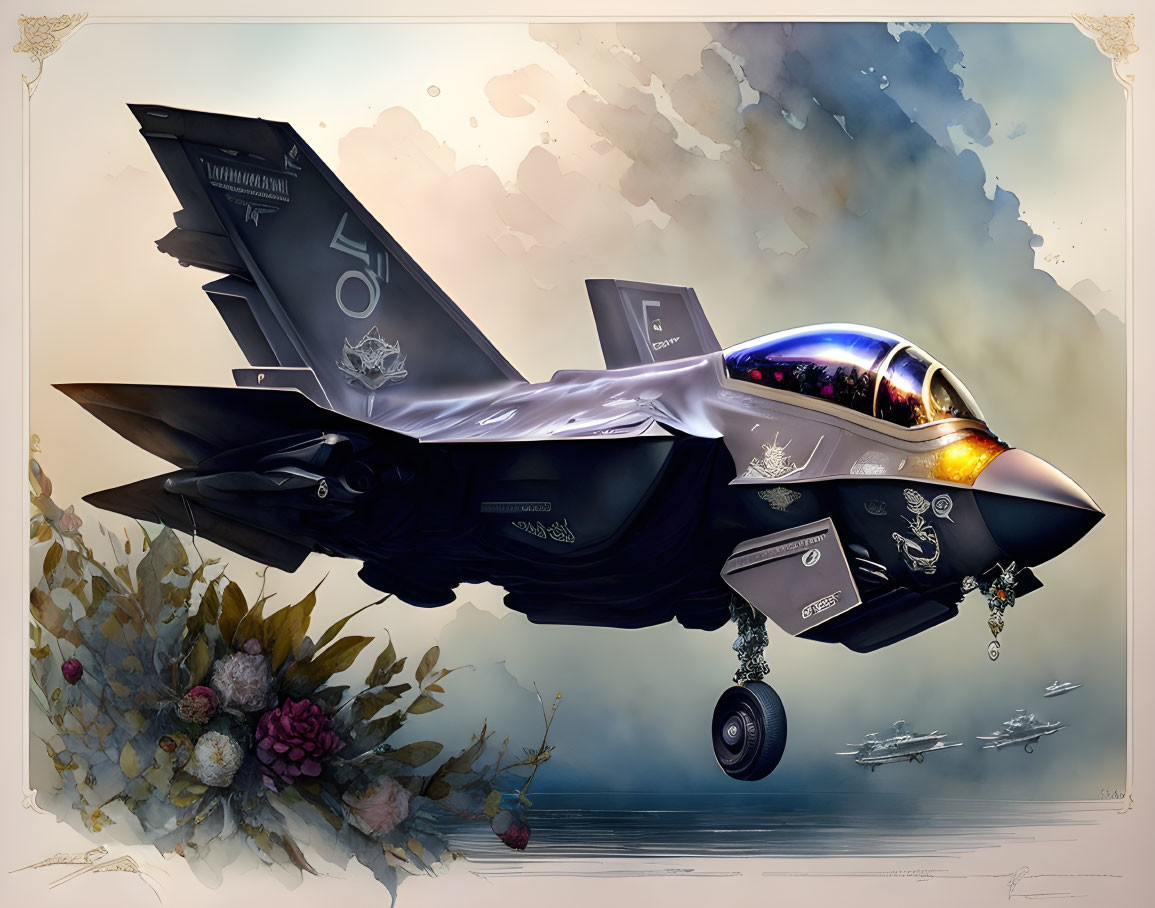 Detailed Modern Fighter Jet Illustration with Artistic Floral Embellishments