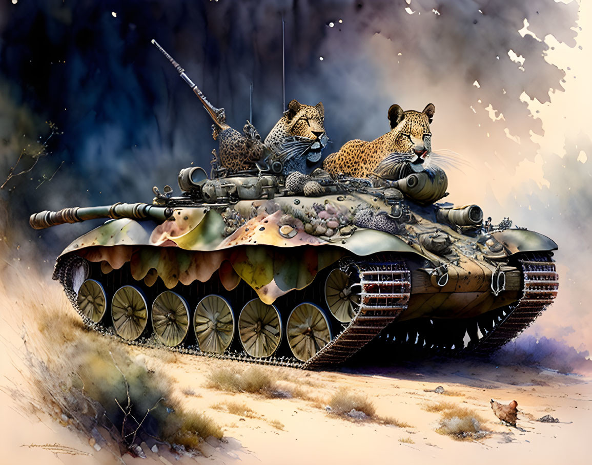 Leopards on camouflaged tank with dust cloud.