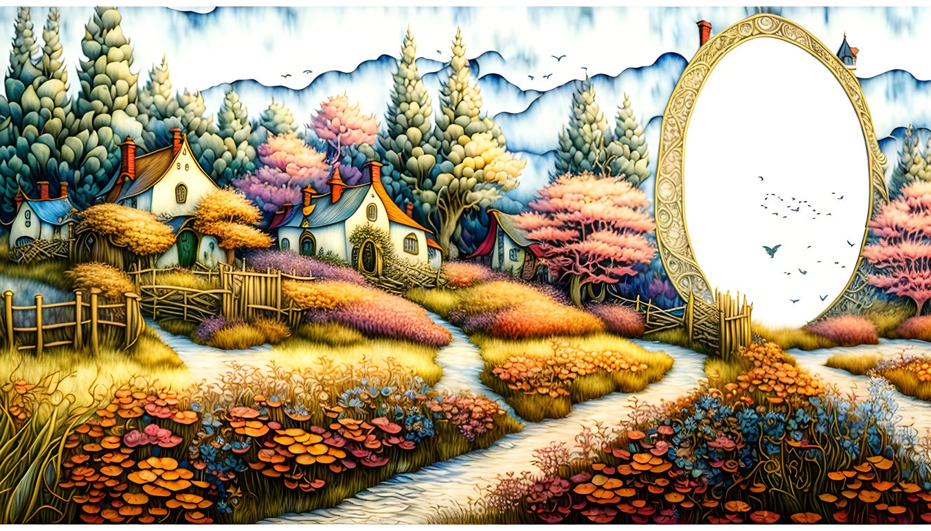 Colorful countryside landscape with mirror portal and birds
